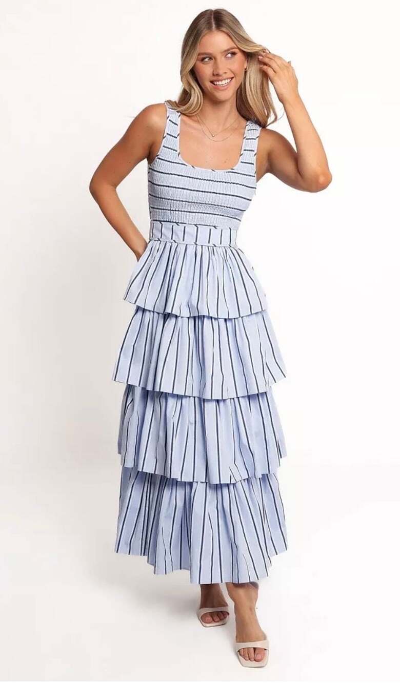 Petal & Pup Waverly Maxi Dress in Blue Stripe with Smocked Bodice Sz. XS